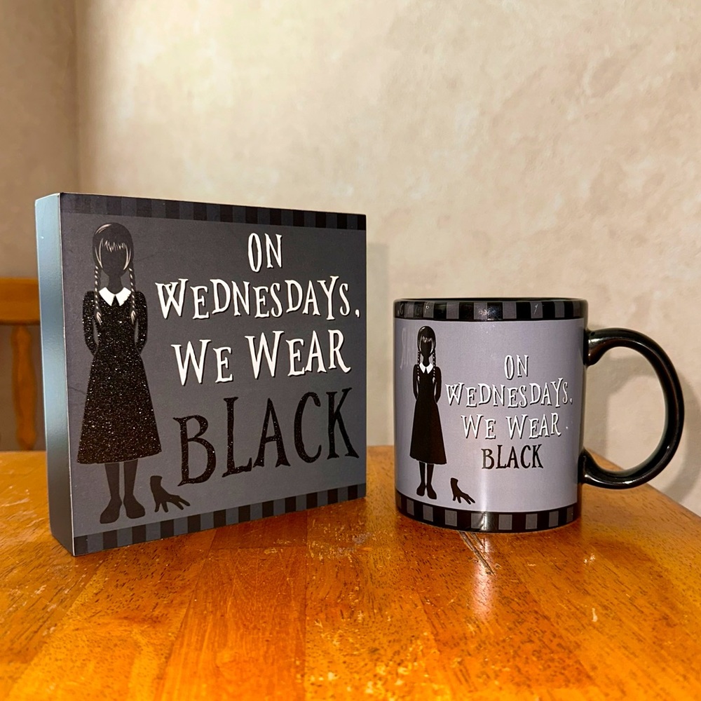 Wednesday Addams & Thing ON WEDNESDAYS, WE WEAR BLACK Ceramic Mug & Sign NEW!!